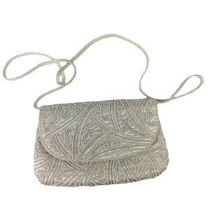 Vintage 1980s Beaded Shoulder Bag Purse Clutch Pink Flashy Snap-Shut White Small